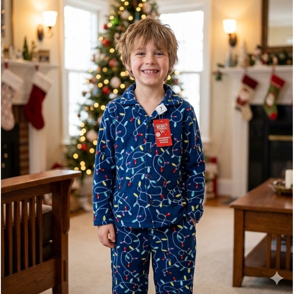 Merry Moments Kids Christmas Lights Fleece Pajama Set Navy Blue Small Kawaii